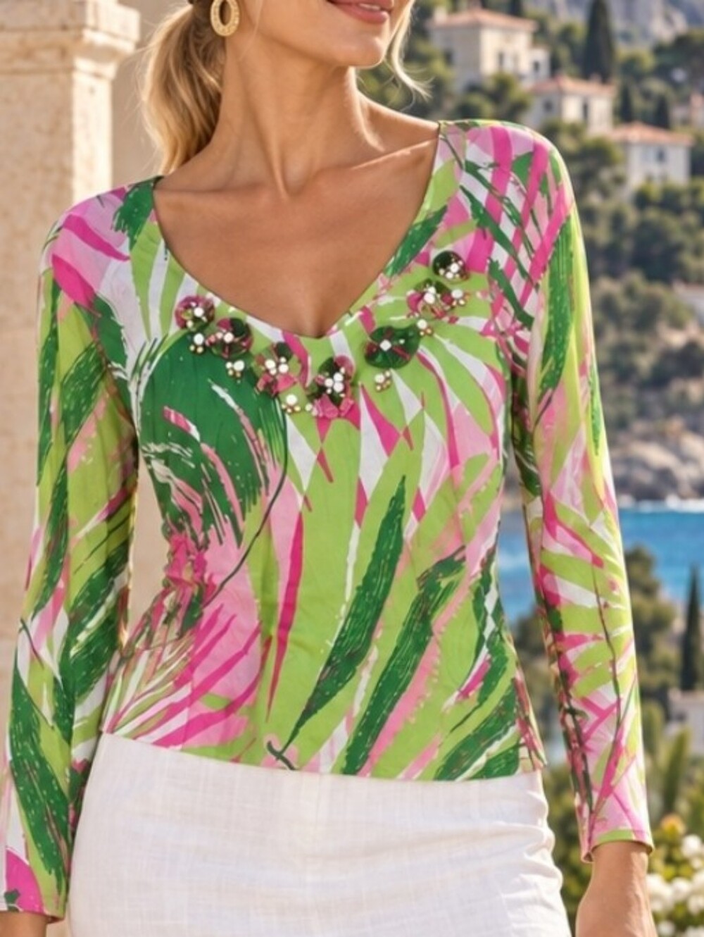 Ruby Rd. Embellished V-Neck Long Sleeve Tropical Print Top - Pink & Green